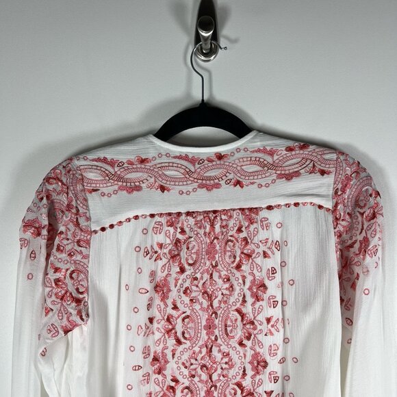 Hale Bob Mimi Embroidered Crepe Top XS White Pink Boho Hippie Floral - Picture 9 of 10